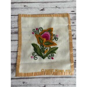 Original Vintage Hand Embroidery Yarn Needlepoint Flower 8x7" Unframed 1975